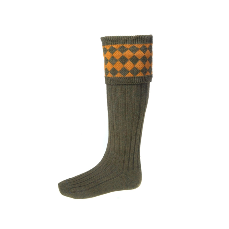 House Of Cheviot Chessboard Mens Shooting Socks And Garters Bracken/Ochre