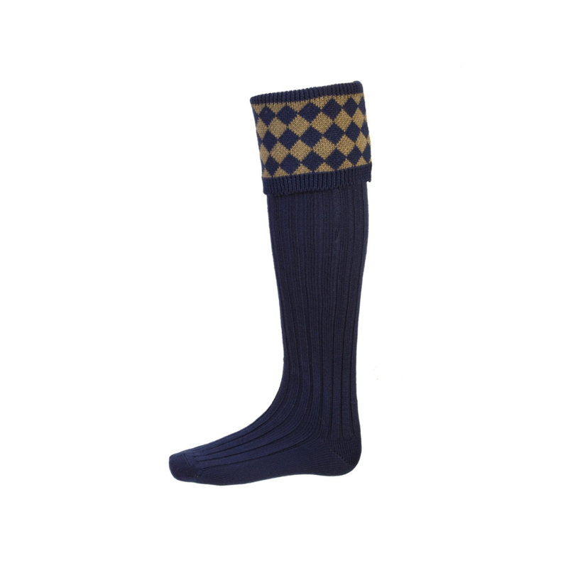House Of Cheviot Chessboard Mens Shooting Socks And Garters Navy/Dark Olive