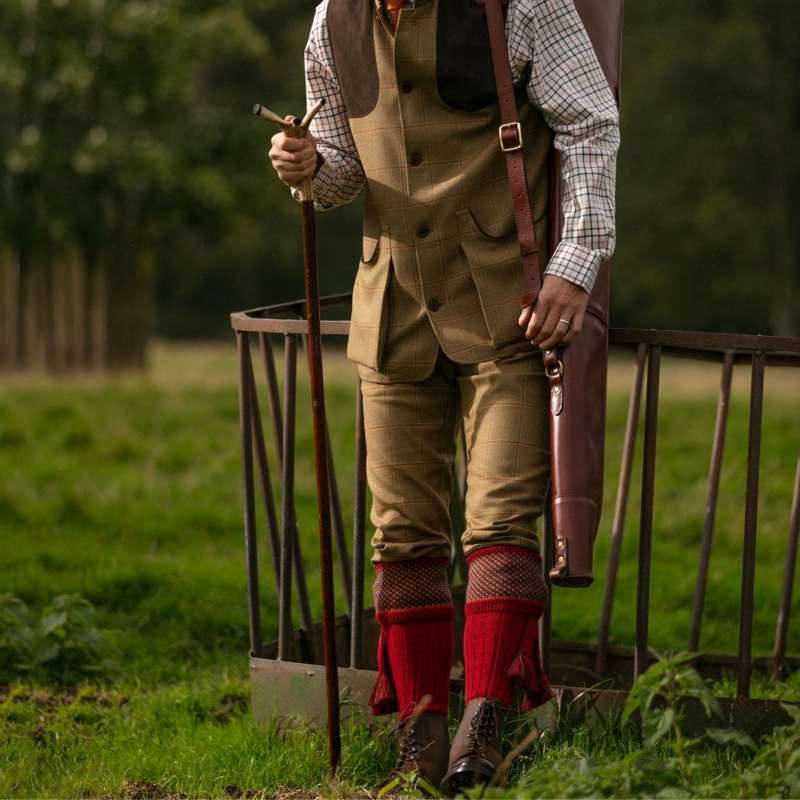 House Of Cheviot Tayside Mens Shooting Socks With Garters Brick Red-2